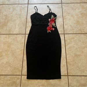 Little Black Dress With Lace and Rose Embroidery
